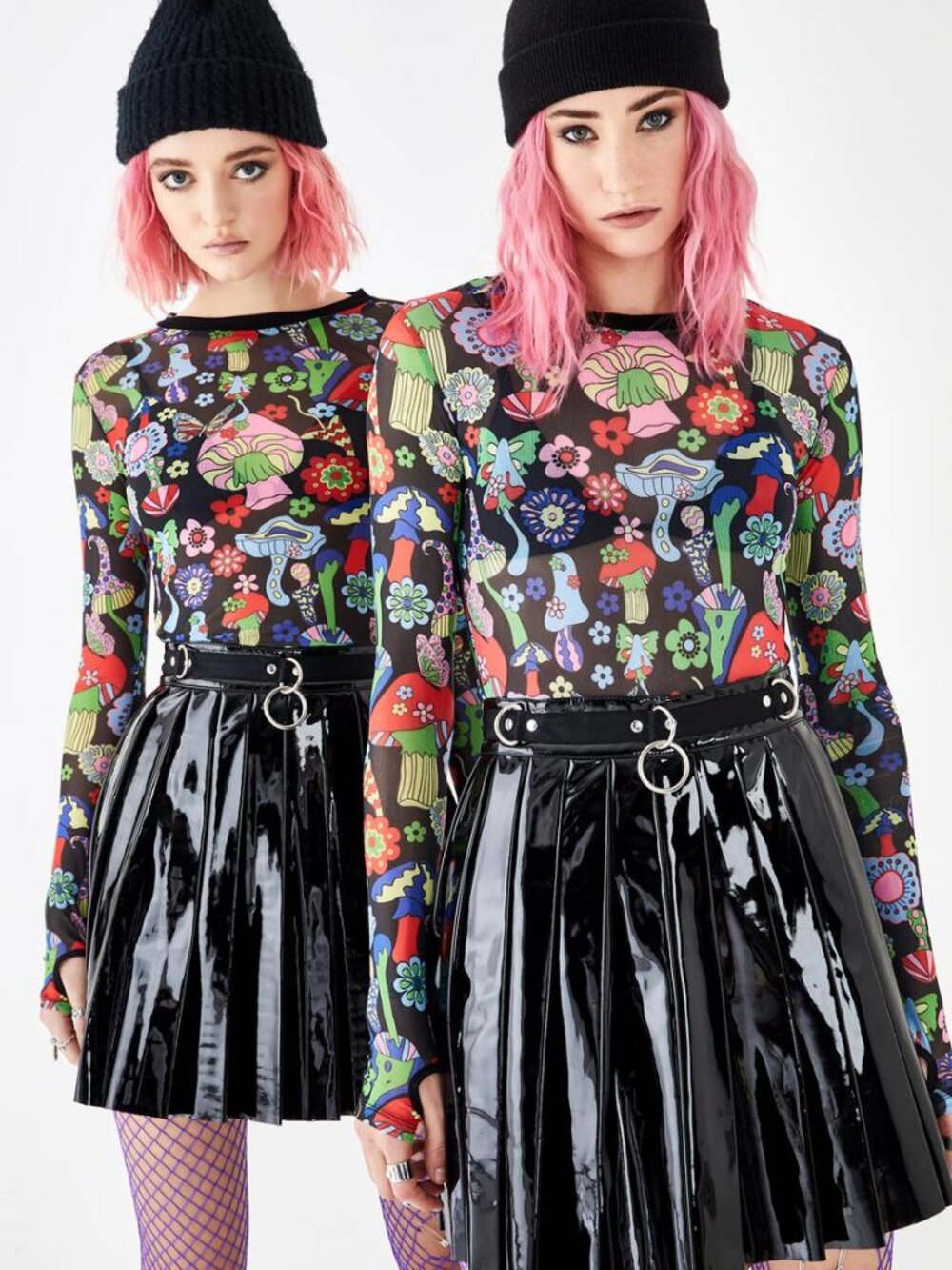 Dolls Kill Black Sheer Long-Sleeve Top with Multicolor Floral & Mushroom Print